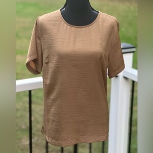 A New Day Women's Short Sleeve Round Neck Satin Blouse, Brown, Size Large
